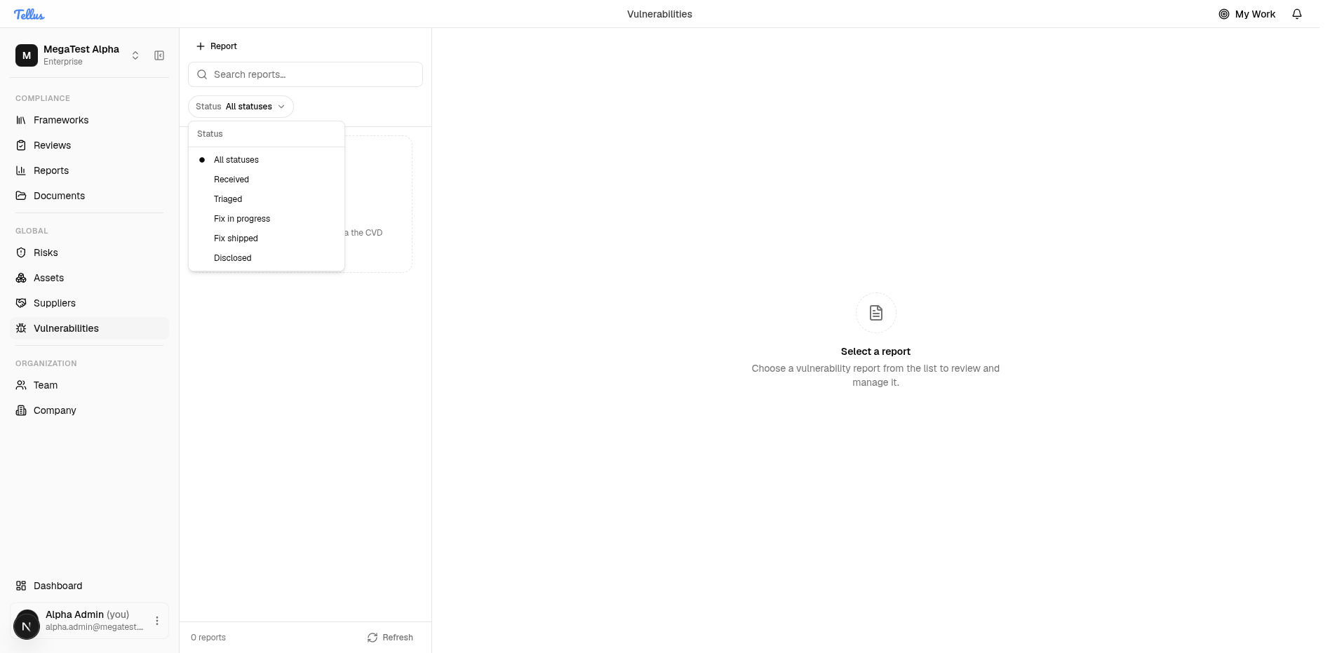 The Status filter open over the report list