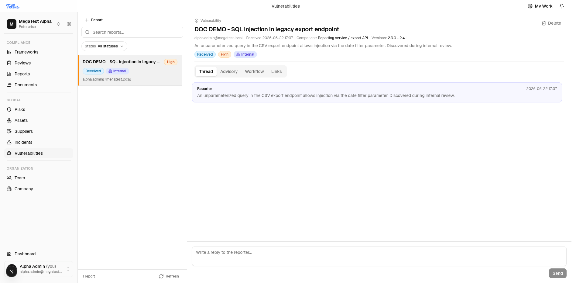 A vulnerability detail view showing the reporter thread