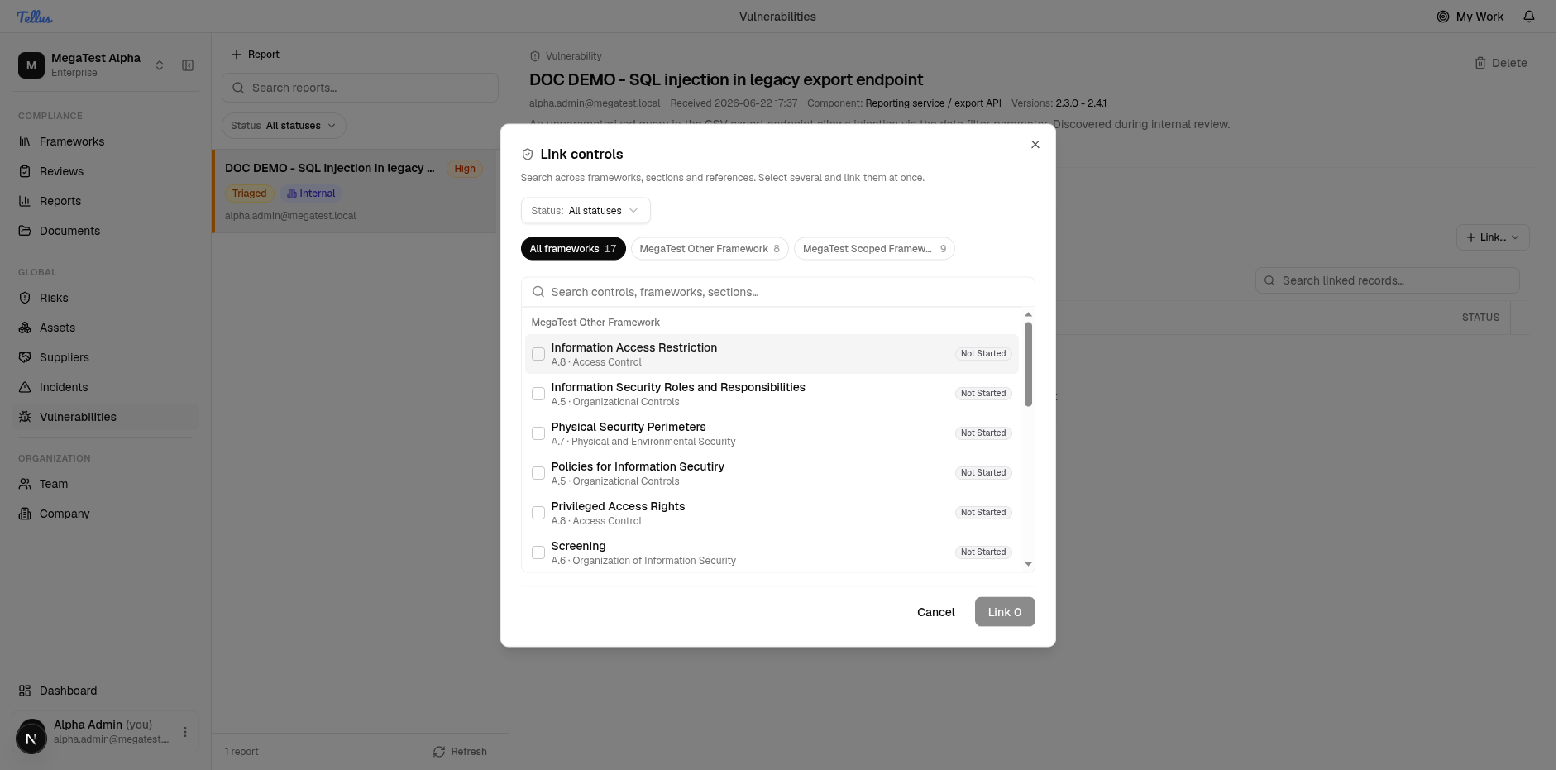 The Link controls picker open from a vulnerability