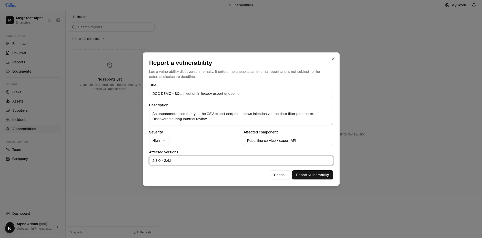 The Report a vulnerability dialog filled out for an internal issue