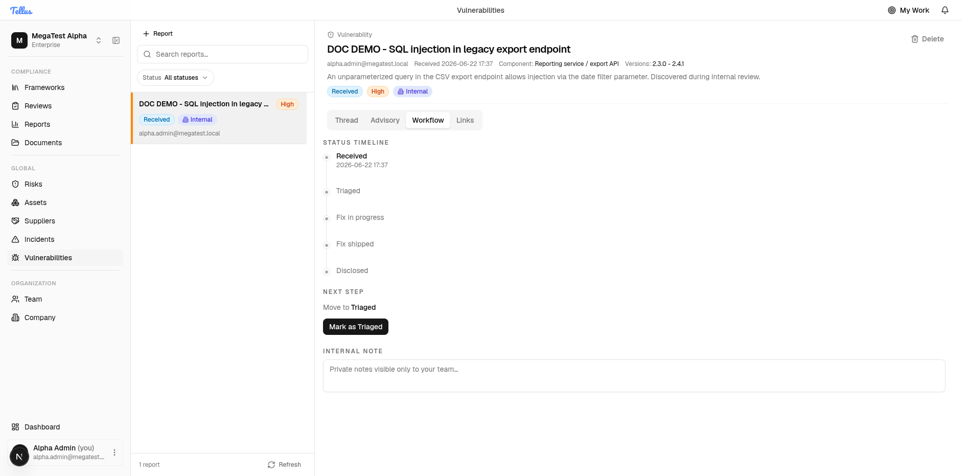 The Workflow tab before triage, with only Received timestamped
