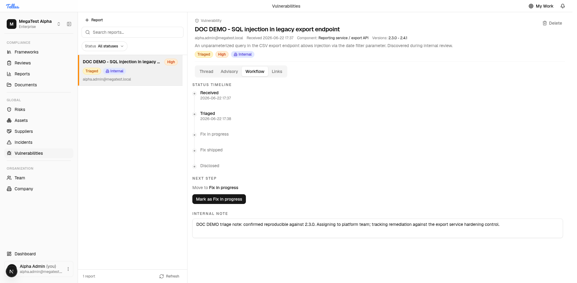 The Workflow tab after advancing the report to Triaged